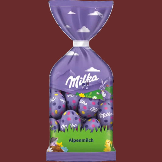 Milka Easter eggs packaging with purple and green design on a white background