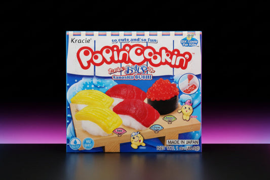 Kracie Popin' Cookin' toy set packaging with colorful sushi-themed candies.