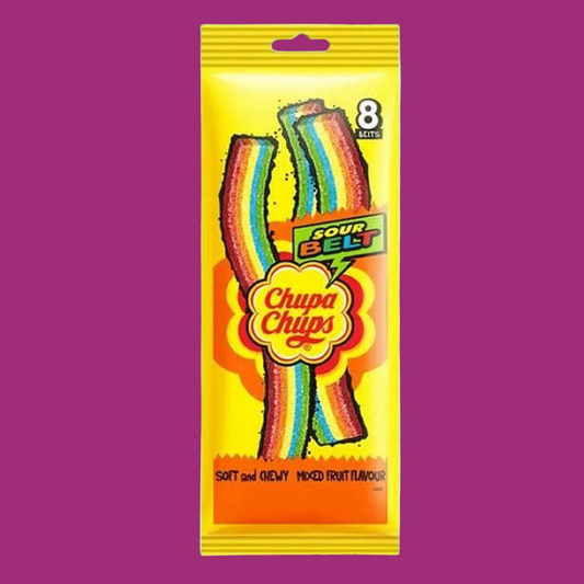 Pack of Sour Belt Chupa Chups on a yellow background